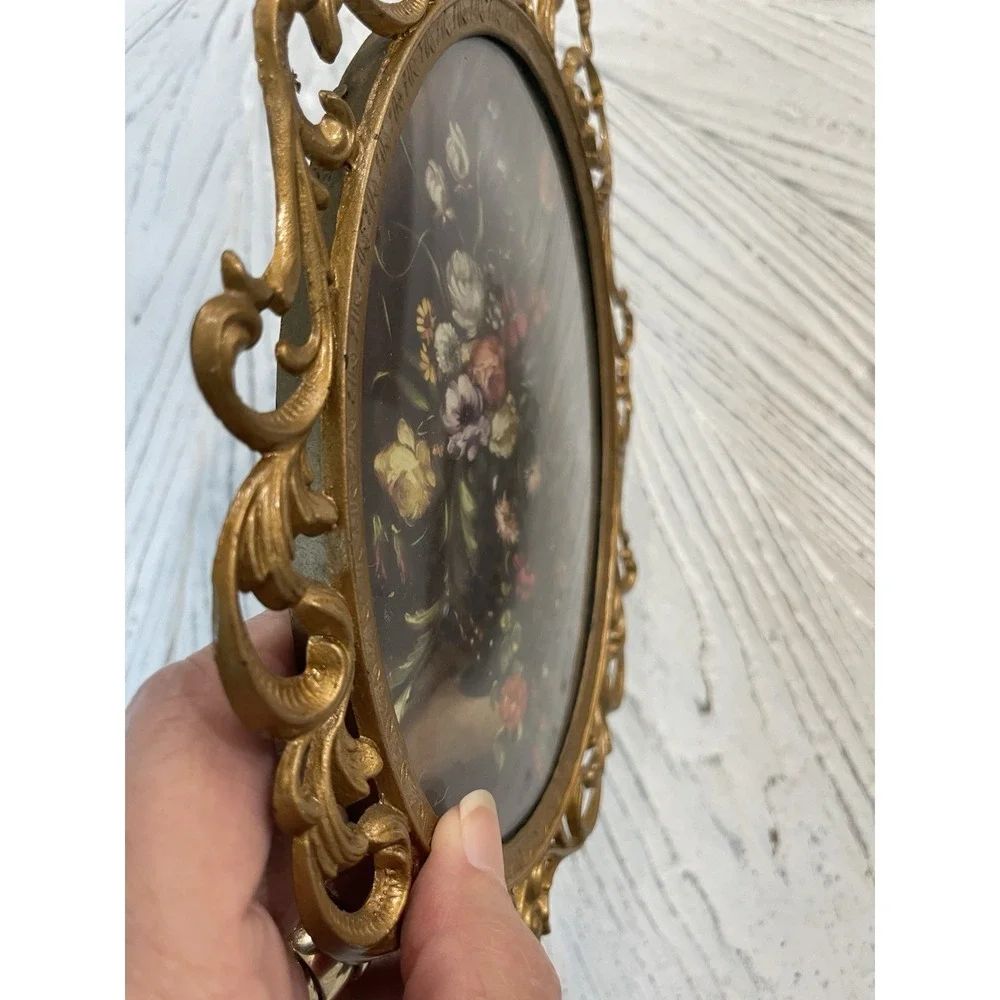 Pair (2) ‎ Vtg Italian Floral Print Ornate Brass Frame Convex Bubble Glass Italy